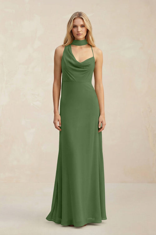 Cowl Neck Sheath Chiffon Maxi Bridesmaid Dress With Ribbon in Moss - SHE IS ME Bridesmaid Dresses