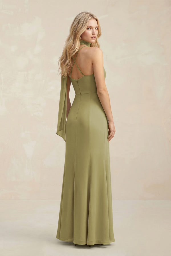 Cowl Neck Sheath Chiffon Maxi Bridesmaid Dress With Ribbon in Moss Green (2) | KISSBRIDAL