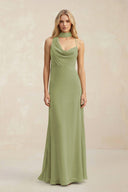 Cowl Neck Sheath Chiffon Maxi Bridesmaid Dress With Ribbon in Moss Green - SHE IS ME Bridesmaid Dresses