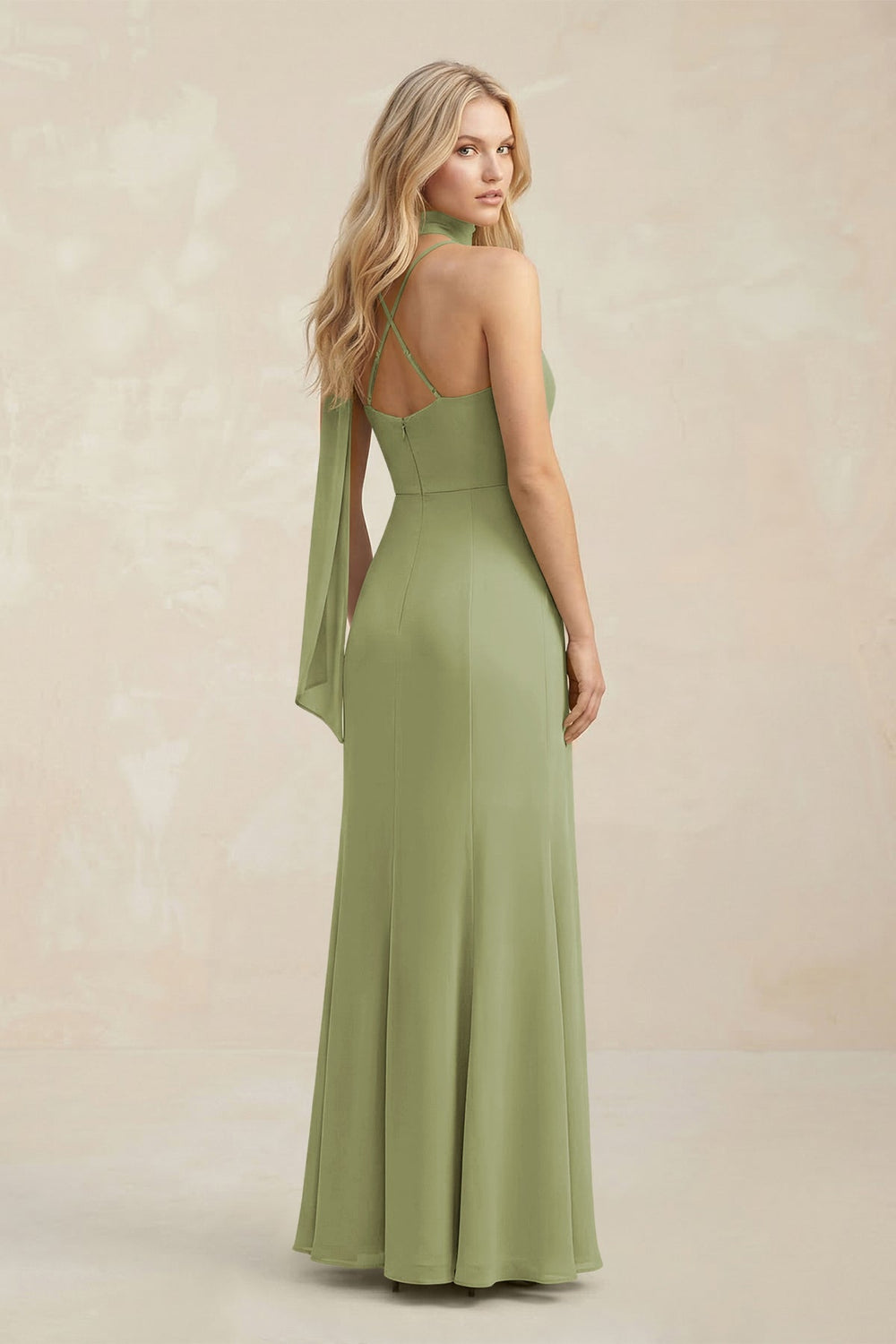 Cowl Neck Sheath Chiffon Maxi Bridesmaid Dress With Ribbon in Moss Green - KISS BRIDAL Bridesmaid Dresses