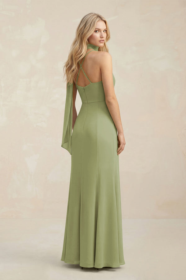 Cowl Neck Sheath Chiffon Maxi Bridesmaid Dress With Ribbon in Moss Green - SHE IS ME Bridesmaid Dresses