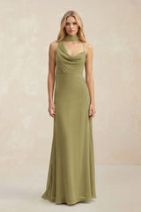 Cowl Neck Sheath Chiffon Maxi Bridesmaid Dress With Ribbon in Moss Green | KISSBRIDAL