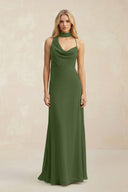 Cowl Neck Sheath Chiffon Maxi Bridesmaid Dress With Ribbon in Moss | KISSBRIDAL