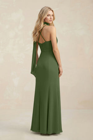 Cowl Neck Sheath Chiffon Maxi Bridesmaid Dress With Ribbon in Moss | KISSBRIDAL