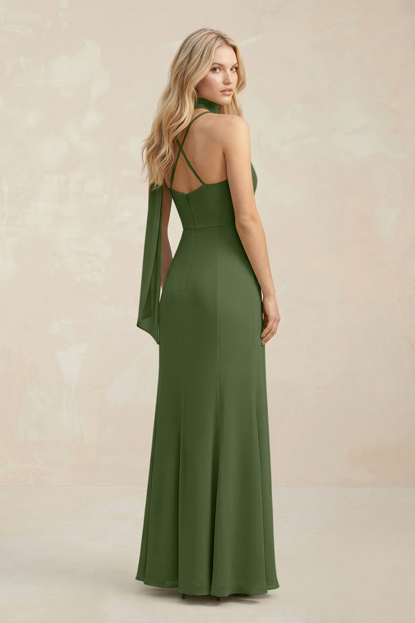 Cowl Neck Sheath Chiffon Maxi Bridesmaid Dress With Ribbon in Moss | KISSBRIDAL