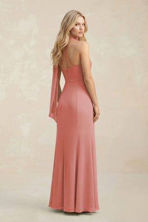 Cowl Neck Sheath Chiffon Maxi Bridesmaid Dress With Ribbon in Mulberry (2) | KISSBRIDAL