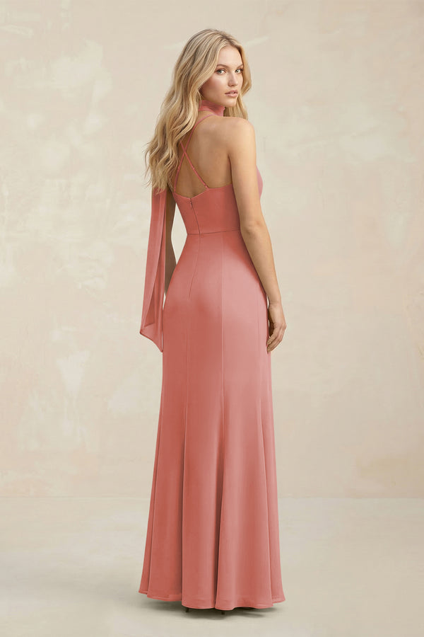 Cowl Neck Sheath Chiffon Maxi Bridesmaid Dress With Ribbon in Mulberry (2) | KISSBRIDAL