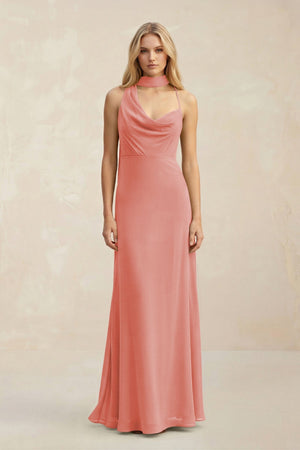 Cowl Neck Sheath Chiffon Maxi Bridesmaid Dress With Ribbon in Mulberry - SHE IS ME Bridesmaid Dresses