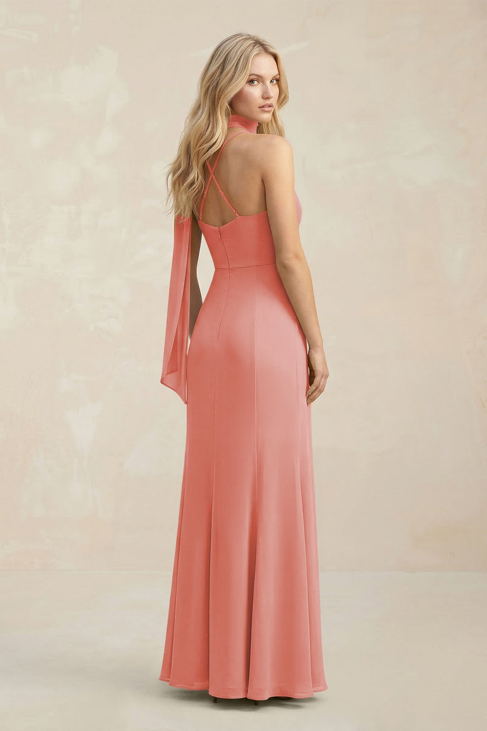 Cowl Neck Sheath Chiffon Maxi Bridesmaid Dress With Ribbon in Mulberry - KISS BRIDAL Bridesmaid Dresses