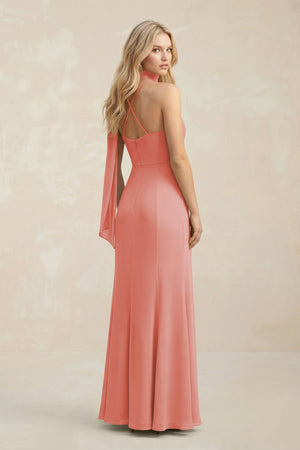 Cowl Neck Sheath Chiffon Maxi Bridesmaid Dress With Ribbon in Mulberry - SHE IS ME Bridesmaid Dresses