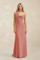 Cowl Neck Sheath Chiffon Maxi Bridesmaid Dress With Ribbon in Mulberry | KISSBRIDAL
