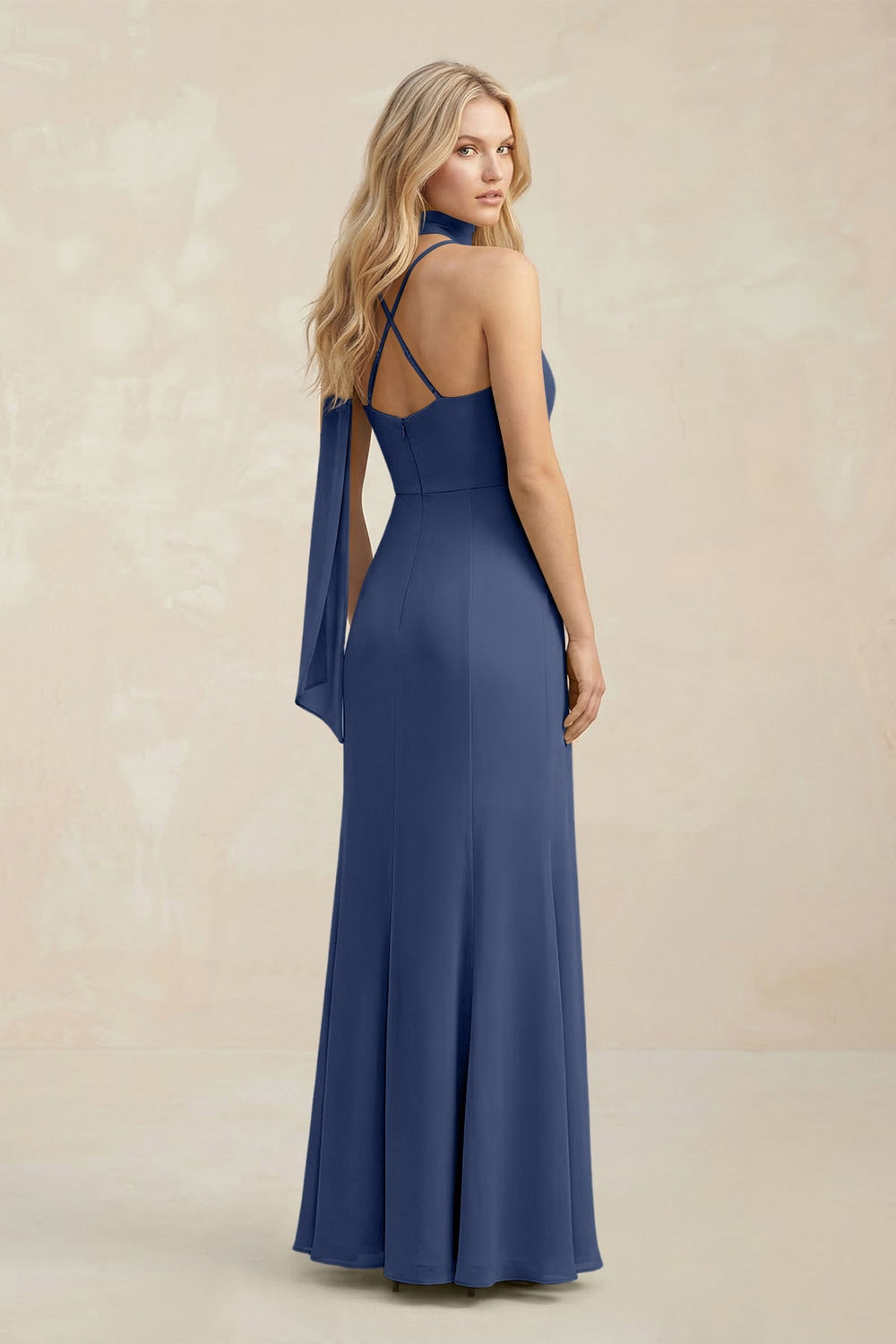 Cowl Neck Sheath Chiffon Maxi Bridesmaid Dress With Ribbon in Navy - KISS BRIDAL Bridesmaid Dresses