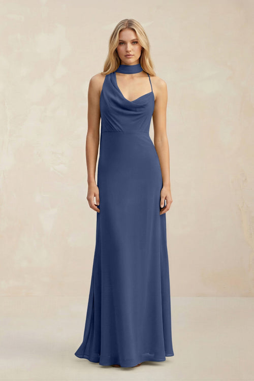 Cowl Neck Sheath Chiffon Maxi Bridesmaid Dress With Ribbon in Navy - SHE IS ME Bridesmaid Dresses