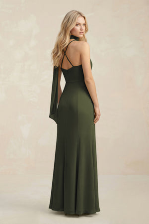Cowl Neck Sheath Chiffon Maxi Bridesmaid Dress With Ribbon in Olive (2) | KISSBRIDAL