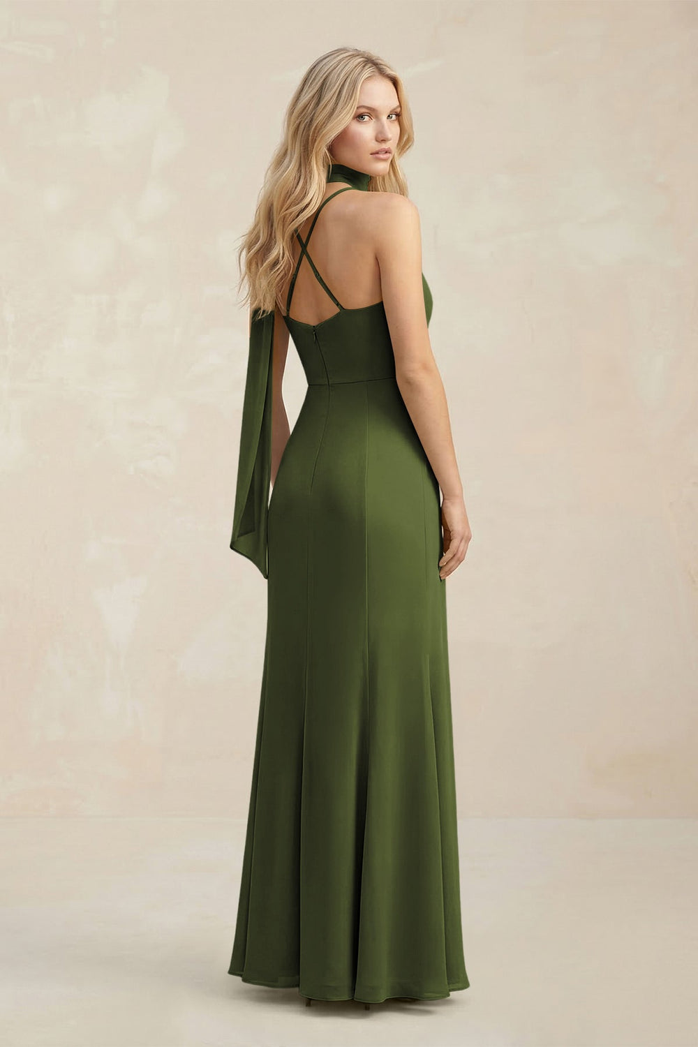 Cowl Neck Sheath Chiffon Maxi Bridesmaid Dress With Ribbon in Olive - KISS BRIDAL Bridesmaid Dresses