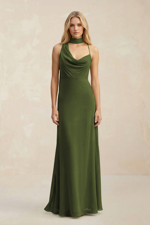 Cowl Neck Sheath Chiffon Maxi Bridesmaid Dress With Ribbon in Olive - SHE IS ME Bridesmaid Dresses