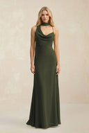 Cowl Neck Sheath Chiffon Maxi Bridesmaid Dress With Ribbon in Olive | KISSBRIDAL