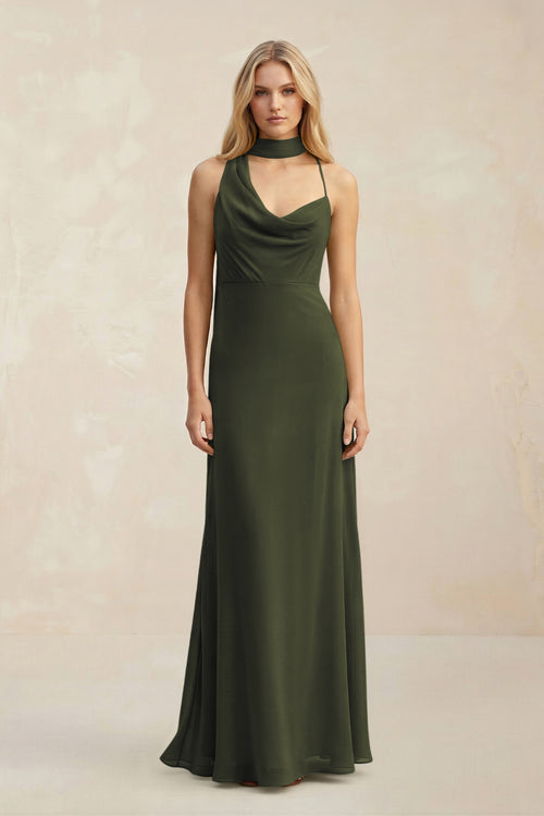 Cowl Neck Sheath Chiffon Maxi Bridesmaid Dress With Ribbon in Olive | KISSBRIDAL