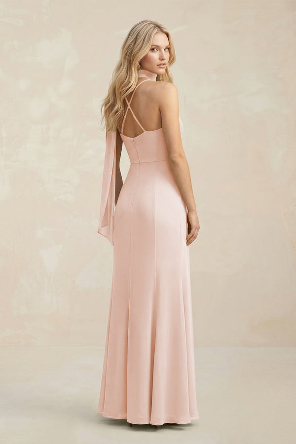 Cowl Neck Sheath Chiffon Maxi Bridesmaid Dress With Ribbon in Pale Blush - SHE IS ME Bridesmaid Dresses