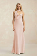 Cowl Neck Sheath Chiffon Maxi Bridesmaid Dress With Ribbon in Pale Blush - SHE IS ME Bridesmaid Dresses