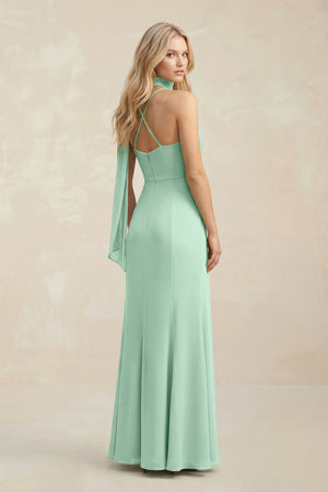 Cowl Neck Sheath Chiffon Maxi Bridesmaid Dress With Ribbon in Pale Pistachio (2) | KISSBRIDAL