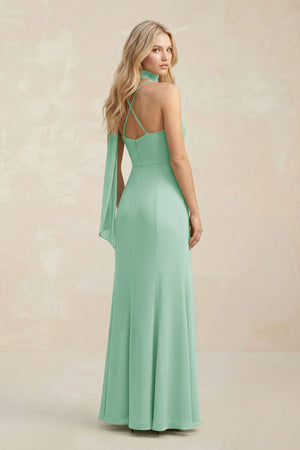 Cowl Neck Sheath Chiffon Maxi Bridesmaid Dress With Ribbon in Pale Pistachio - SHE IS ME Bridesmaid Dresses