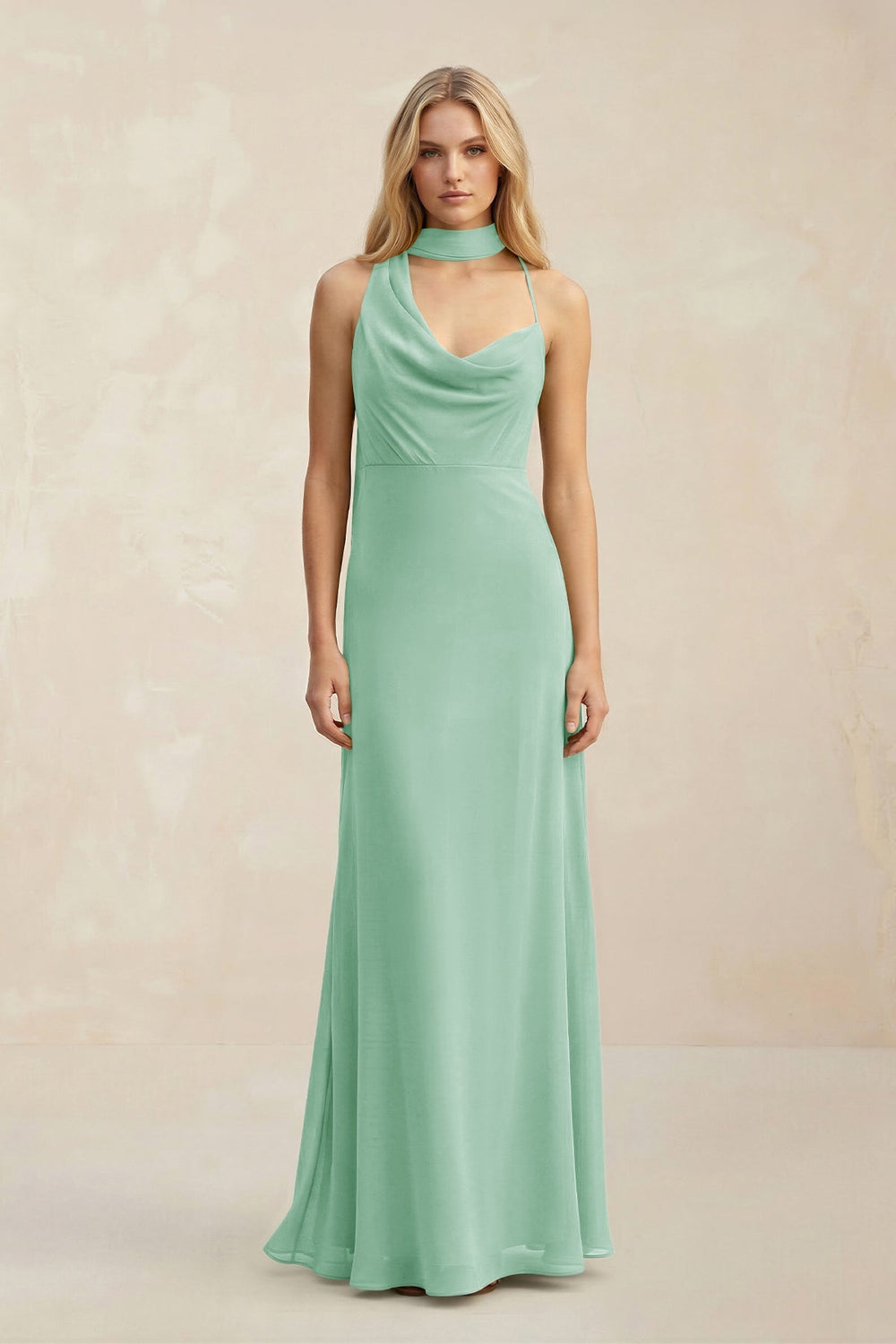 Cowl Neck Sheath Chiffon Maxi Bridesmaid Dress With Ribbon in Pale Pistachio - KISS BRIDAL Bridesmaid Dresses