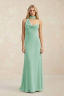 Cowl Neck Sheath Chiffon Maxi Bridesmaid Dress With Ribbon in Pale Pistachio - SHE IS ME Bridesmaid Dresses