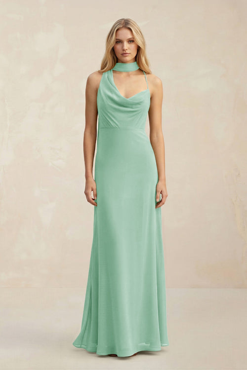 Cowl Neck Sheath Chiffon Maxi Bridesmaid Dress With Ribbon in Pale Pistachio - SHE IS ME Bridesmaid Dresses