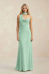 Cowl Neck Sheath Chiffon Maxi Bridesmaid Dress With Ribbon in Pale Pistachio | KISSBRIDAL