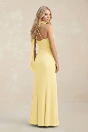Cowl Neck Sheath Chiffon Maxi Bridesmaid Dress With Ribbon in Pastel Yellow - SHE IS ME Bridesmaid Dresses