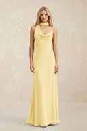 Cowl Neck Sheath Chiffon Maxi Bridesmaid Dress With Ribbon in Pastel Yellow - SHE IS ME Bridesmaid Dresses