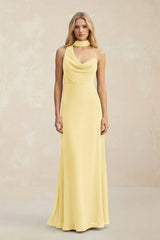 Cowl Neck Sheath Chiffon Maxi Bridesmaid Dress With Ribbon in Pastel Yellow - KISS BRIDAL Bridesmaid Dresses