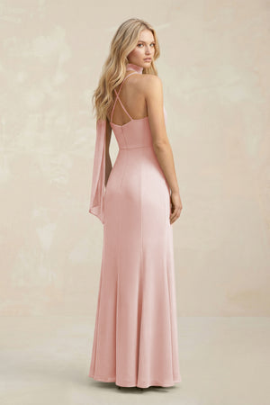 Cowl Neck Sheath Chiffon Maxi Bridesmaid Dress With Ribbon in Rose Petal (2) | KISSBRIDAL