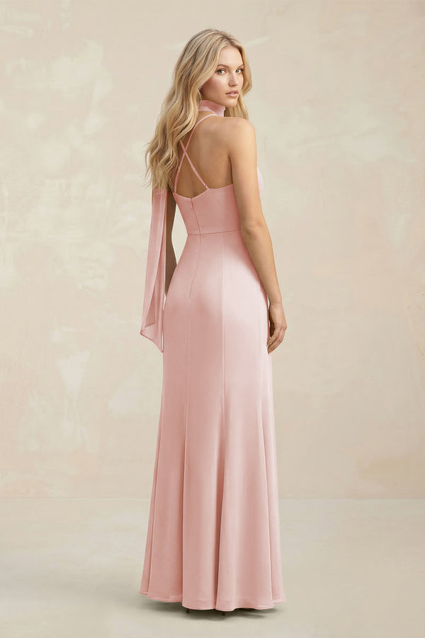 Cowl Neck Sheath Chiffon Maxi Bridesmaid Dress With Ribbon in Rose Petal (2) | KISSBRIDAL