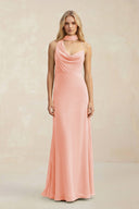 Cowl Neck Sheath Chiffon Maxi Bridesmaid Dress With Ribbon in Rose Petal - SHE IS ME Bridesmaid Dresses