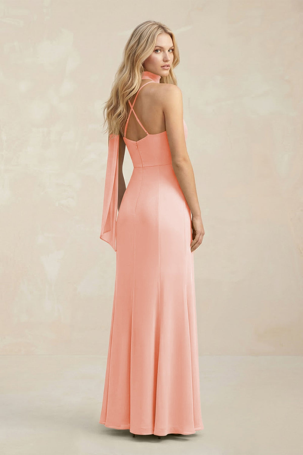 Cowl Neck Sheath Chiffon Maxi Bridesmaid Dress With Ribbon in Rose Petal - KISS BRIDAL Bridesmaid Dresses