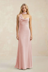 Cowl Neck Sheath Chiffon Maxi Bridesmaid Dress With Ribbon in Rose Petal | KISSBRIDAL