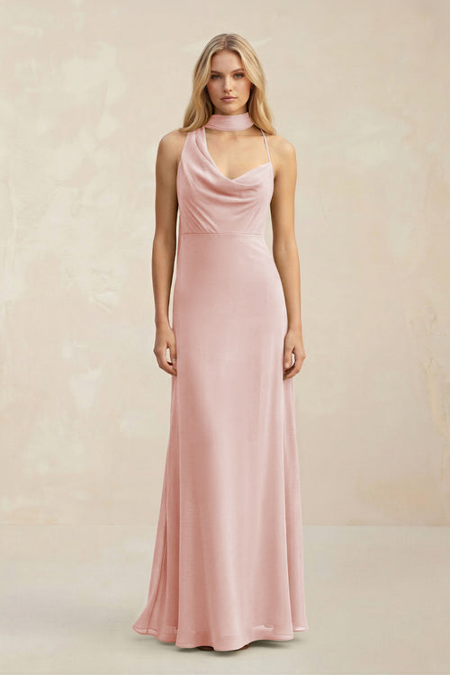 Cowl Neck Sheath Chiffon Maxi Bridesmaid Dress With Ribbon in Rose Petal | KISSBRIDAL