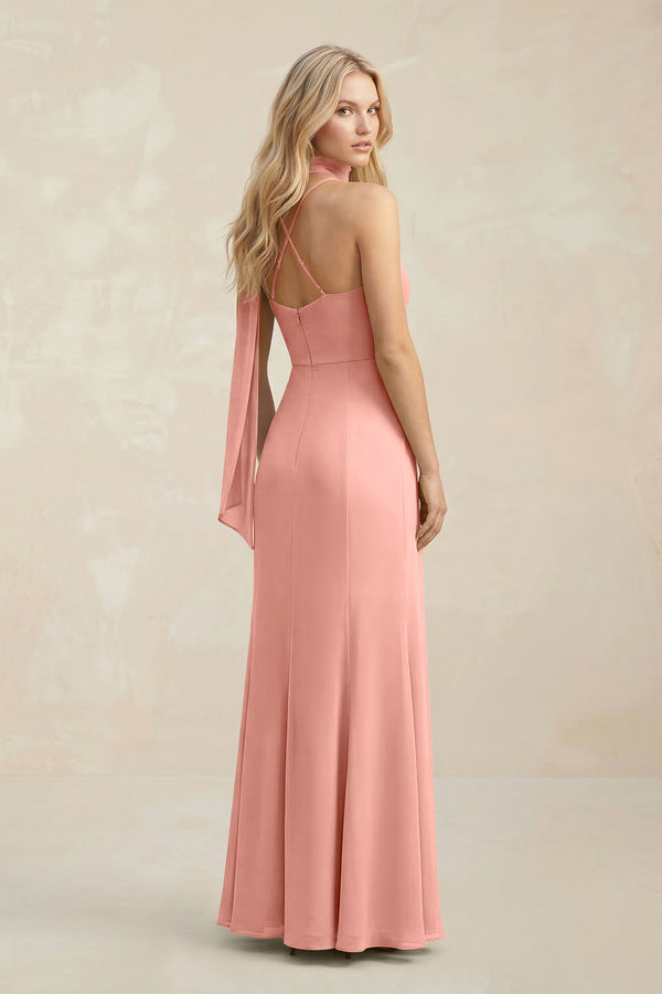 Cowl Neck Sheath Chiffon Maxi Bridesmaid Dress With Ribbon in Rosette (2) | KISSBRIDAL
