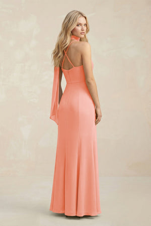 Cowl Neck Sheath Chiffon Maxi Bridesmaid Dress With Ribbon in Rosette - SHE IS ME Bridesmaid Dresses