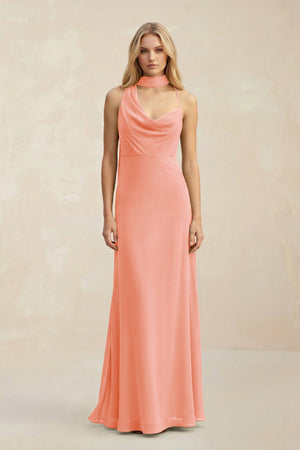 Cowl Neck Sheath Chiffon Maxi Bridesmaid Dress With Ribbon in Rosette - SHE IS ME Bridesmaid Dresses