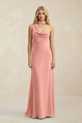 Cowl Neck Sheath Chiffon Maxi Bridesmaid Dress With Ribbon in Rosette | KISSBRIDAL