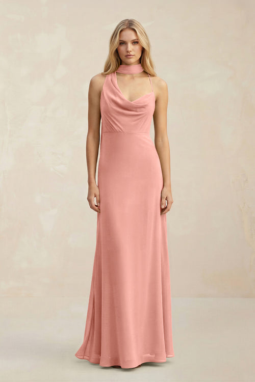 Cowl Neck Sheath Chiffon Maxi Bridesmaid Dress With Ribbon in Rosette | KISSBRIDAL