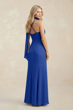 Cowl Neck Sheath Chiffon Maxi Bridesmaid Dress With Ribbon in Royal Blue - SHE IS ME Bridesmaid Dresses