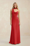 Cowl Neck Sheath Chiffon Maxi Bridesmaid Dress With Ribbon in Ruby Red - SHE IS ME Bridesmaid Dresses