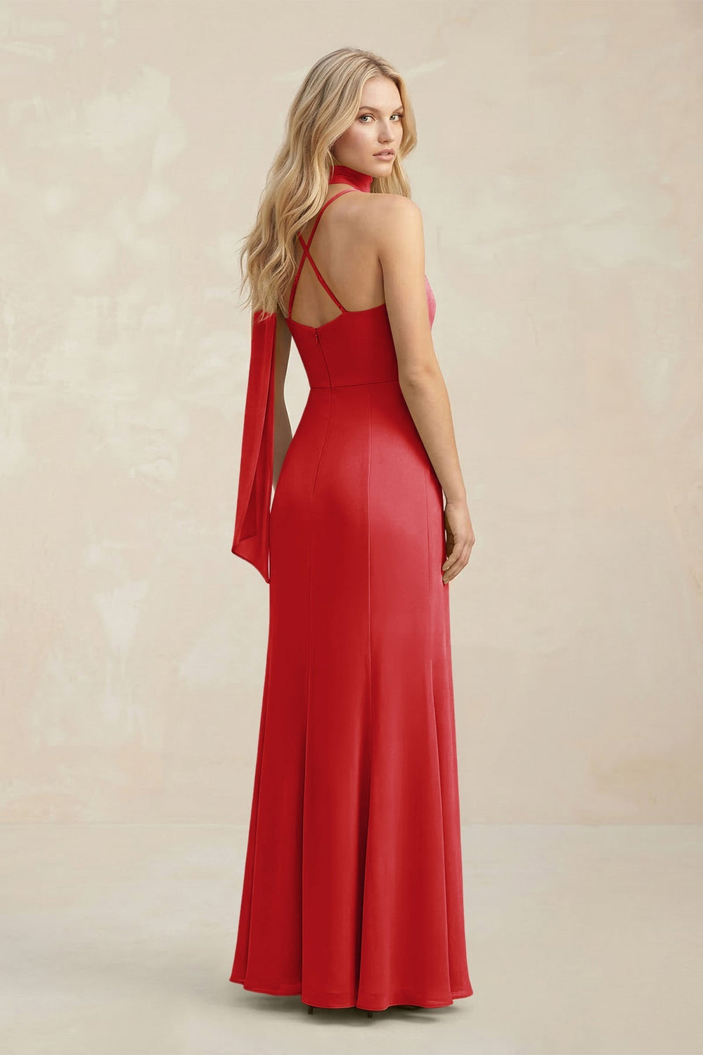 Cowl Neck Sheath Chiffon Maxi Bridesmaid Dress With Ribbon in Ruby Red - KISS BRIDAL Bridesmaid Dresses
