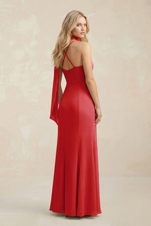 Cowl Neck Sheath Chiffon Maxi Bridesmaid Dress With Ribbon in Ruby Red - SHE IS ME Bridesmaid Dresses