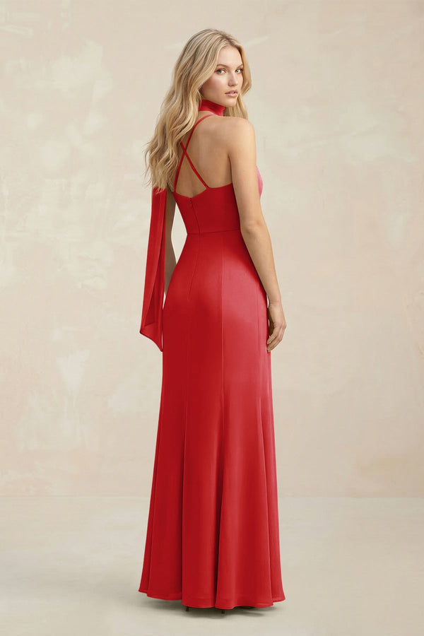 Cowl Neck Sheath Chiffon Maxi Bridesmaid Dress With Ribbon in Ruby Red - SHE IS ME Bridesmaid Dresses