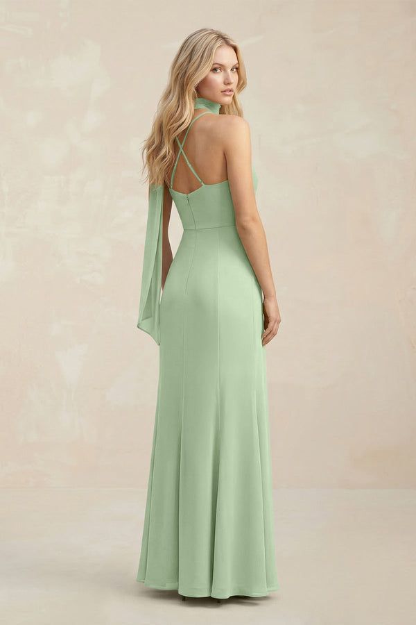 Cowl Neck Sheath Chiffon Maxi Bridesmaid Dress With Ribbon in Sage - SHE IS ME Bridesmaid Dresses